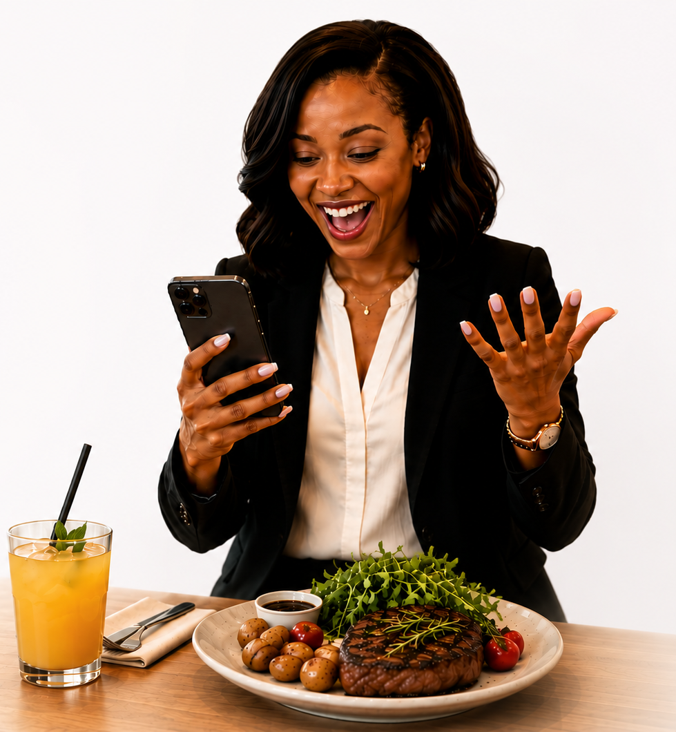 A delighted customer discovering a Sweet Deal while dining out
